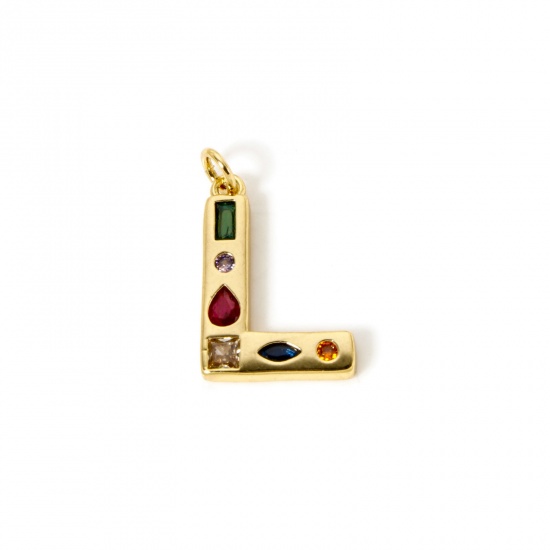 Picture of 2 PCs Eco-friendly Brass Charms 18K Real Gold Plated Capital Alphabet Initial Letter Message " L " Multicolor Rhinestone 23mm x 14mm