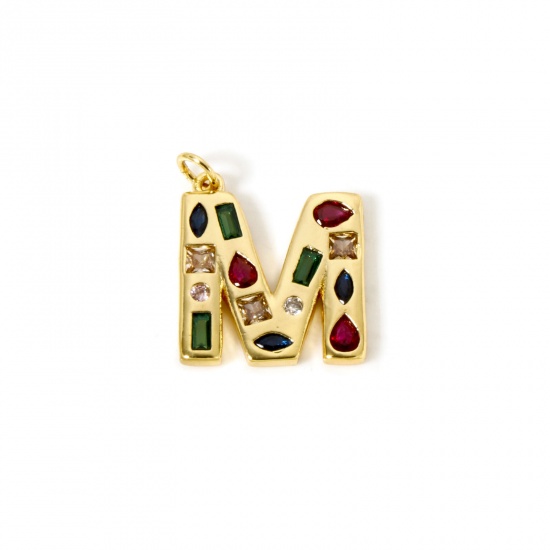 Picture of 2 PCs Eco-friendly Brass Charms 18K Real Gold Plated Capital Alphabet Initial Letter Message " M " Multicolor Rhinestone 24mm x 18mm