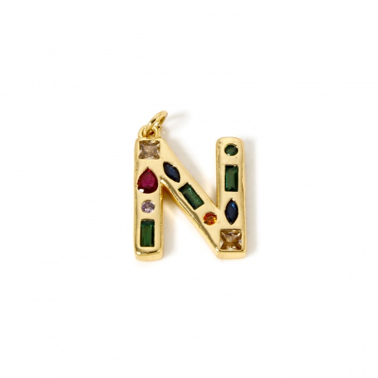 Picture of 2 PCs Eco-friendly Brass Charms 18K Real Gold Plated Capital Alphabet Initial Letter Message " N " Multicolor Rhinestone 24mm x 15.5mm