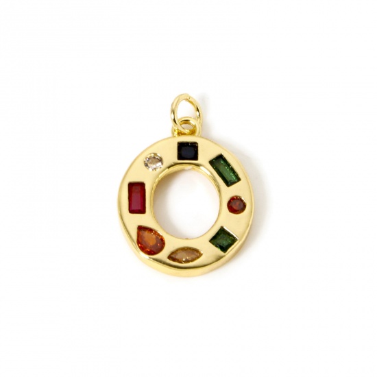 Picture of 2 PCs Eco-friendly Brass Charms 18K Real Gold Plated Capital Alphabet Initial Letter Message " O " Multicolor Rhinestone 23mm x 16mm