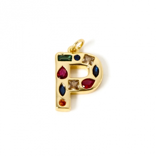 Picture of 2 PCs Eco-friendly Brass Charms 18K Real Gold Plated Capital Alphabet Initial Letter Message " P " Multicolor Rhinestone 22mm x 13mm