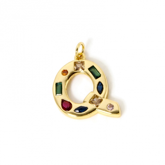Picture of 2 PCs Eco-friendly Brass Charms 18K Real Gold Plated Capital Alphabet Initial Letter Message " Q " Multicolor Rhinestone 23mm x 19mm