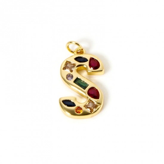 Picture of 2 PCs Eco-friendly Brass Charms 18K Real Gold Plated Capital Alphabet Initial Letter Message " S " Multicolor Rhinestone 24mm x 12mm