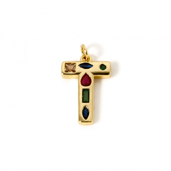 Picture of 2 PCs Eco-friendly Brass Charms 18K Real Gold Plated Capital Alphabet Initial Letter Message " T " Multicolor Rhinestone 23mm x 13mm