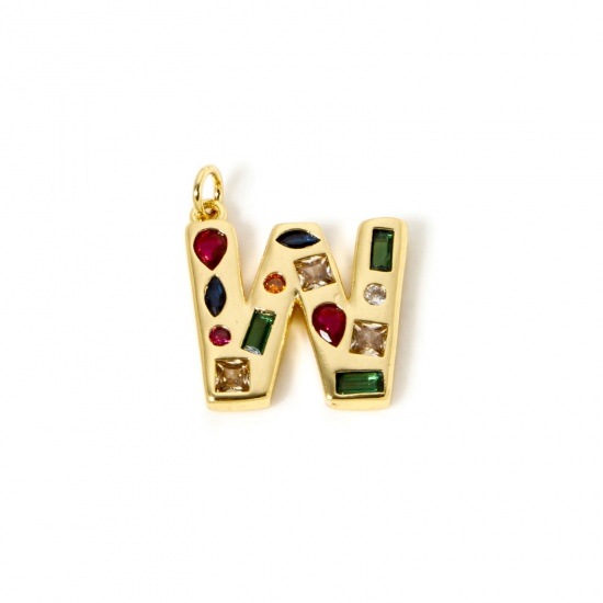 Picture of 2 PCs Eco-friendly Brass Charms 18K Real Gold Plated Capital Alphabet Initial Letter Message " W " Multicolor Rhinestone 23mm x 19mm