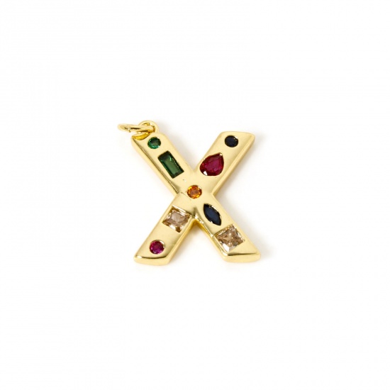 Picture of 2 PCs Eco-friendly Brass Charms 18K Real Gold Plated Capital Alphabet Initial Letter Message " X " Multicolor Rhinestone 24mm x 17mm