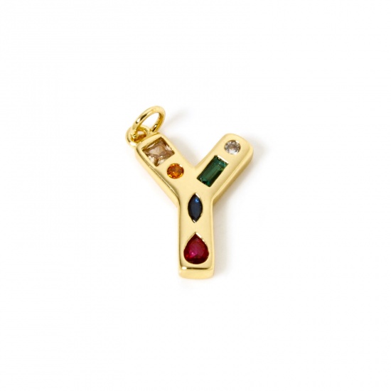 Picture of 2 PCs Eco-friendly Brass Charms 18K Real Gold Plated Capital Alphabet Initial Letter Message " Y " Multicolor Rhinestone 23mm x 15mm