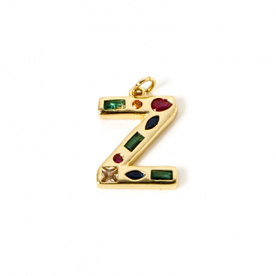 Picture of 2 PCs Eco-friendly Brass Charms 18K Real Gold Plated Capital Alphabet Initial Letter Message " Z " Multicolor Rhinestone 23mm x 15mm