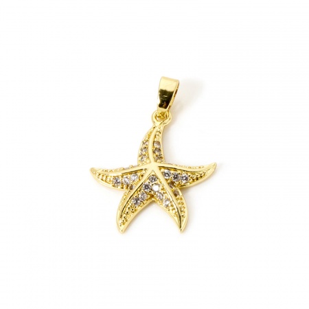 Picture of 2 PCs Eco-friendly Brass Charms 18K Real Gold Plated Starfish Cubic Zirconia Clear Cubic Zirconia 25mm x 18mm