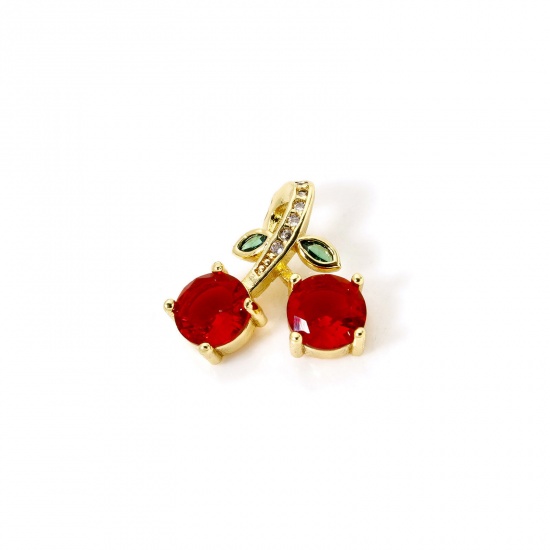 Picture of 2 PCs Eco-friendly Brass Charms 18K Real Gold Plated Cherry Fruit Red Rhinestone 15mm x 15mm