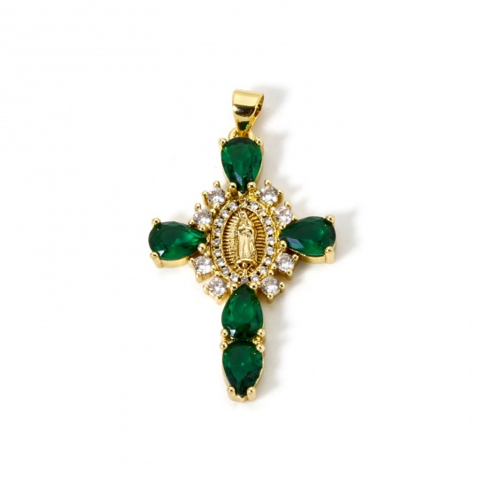 Immagine di 1 Pz Ecologico Ottone Religione Ciondoli Pendenti 18K Vero Oro Placcato Croce Vergine Maria Verde Strass Trasparente Cubic Zirconiae 4cm x 2.3cm