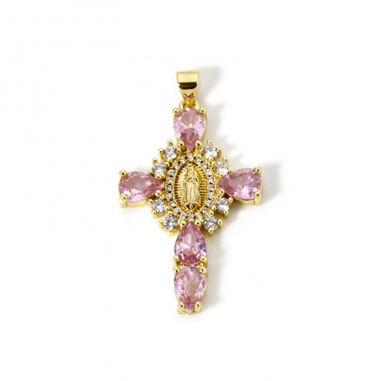 Immagine di 1 Pz Ecologico Ottone Religione Ciondoli Pendenti 18K Vero Oro Placcato Croce Vergine Maria Rosa Chiaro Strass Trasparente Cubic Zirconiae 4cm x 2.3cm