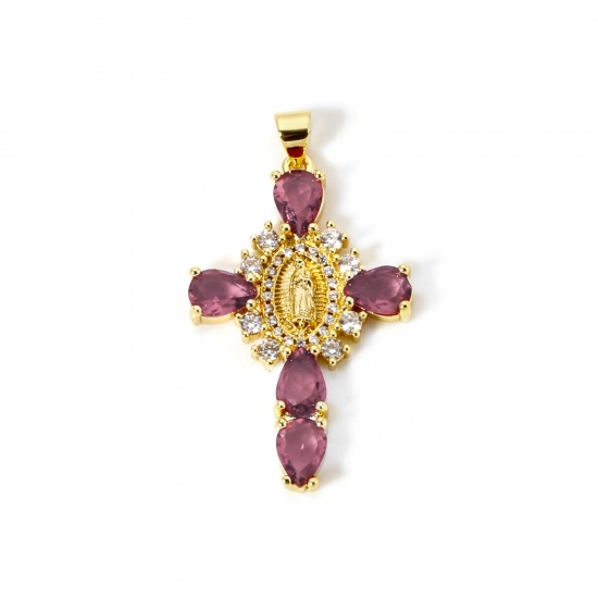 Immagine di 1 Pz Ecologico Ottone Religione Ciondoli Pendenti 18K Vero Oro Placcato Croce Vergine Maria Rosso Prugna Strass Trasparente Cubic Zirconiae 4cm x 2.3cm