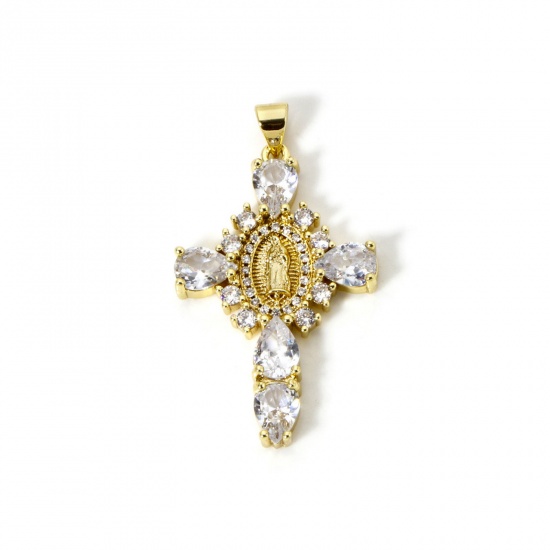 Immagine di 1 Pz Ecologico Ottone Religione Ciondoli Pendenti 18K Vero Oro Placcato Croce Vergine Maria Trasparente Strass Trasparente Cubic Zirconiae 4cm x 2.3cm