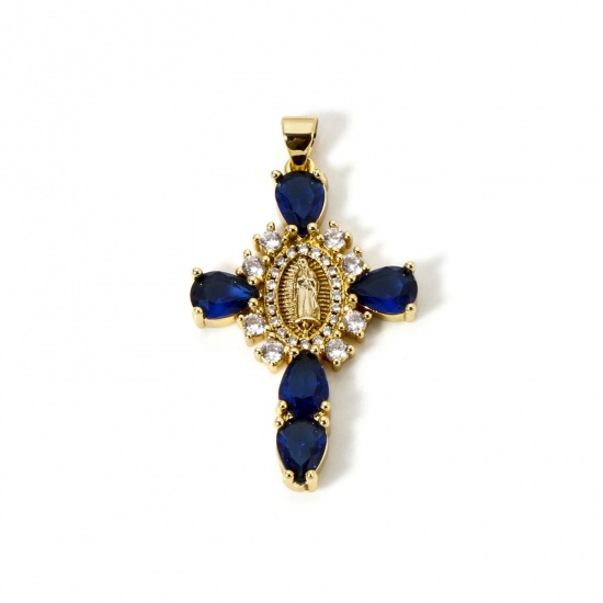 Immagine di 1 Pz Ecologico Ottone Religione Ciondoli Pendenti 18K Vero Oro Placcato Croce Vergine Maria Blu Notte Strass Trasparente Cubic Zirconiae 4cm x 2.3cm