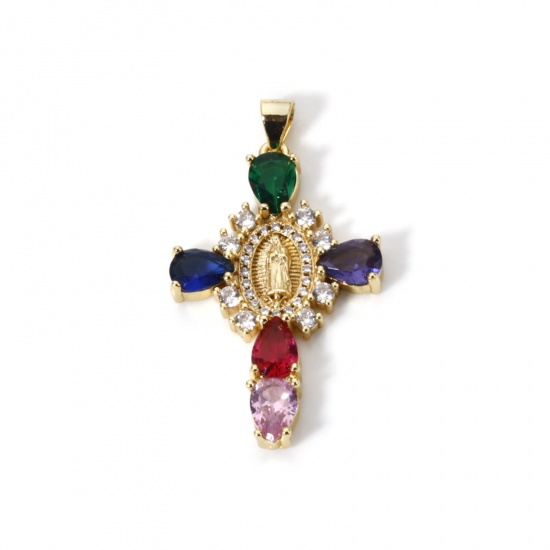 Immagine di 1 Pz Ecologico Ottone Religione Ciondoli Pendenti 18K Vero Oro Placcato Croce Vergine Maria Multicolore Strass Trasparente Cubic Zirconiae 4cm x 2.3cm