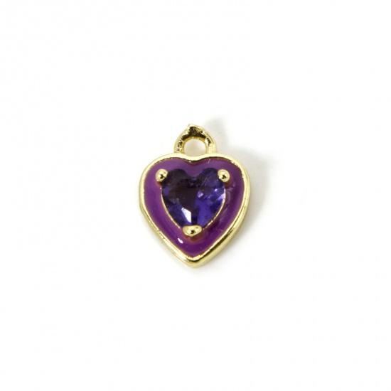Picture of 2 PCs Eco-friendly Brass Valentine's Day Charms 18K Real Gold Plated Purple Heart Enamel Purple Rhinestone 12mm x 9mm