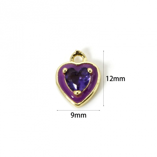 Picture of 2 PCs Eco-friendly Brass Valentine's Day Charms 18K Real Gold Plated Purple Heart Enamel Purple Rhinestone 12mm x 9mm