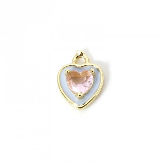 Picture of 2 PCs Eco-friendly Brass Valentine's Day Charms 18K Real Gold Plated Light Blue Heart Enamel Light Pink Rhinestone 12mm x 9mm