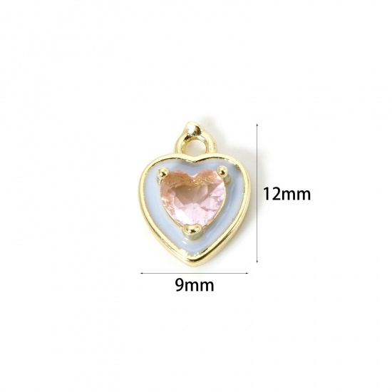 Picture of 2 PCs Eco-friendly Brass Valentine's Day Charms 18K Real Gold Plated Light Blue Heart Enamel Light Pink Rhinestone 12mm x 9mm