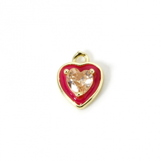 Picture of 2 PCs Eco-friendly Brass Valentine's Day Charms 18K Real Gold Plated Red Heart Enamel Champagne Rhinestone 12mm x 9mm