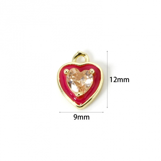 Picture of 2 PCs Eco-friendly Brass Valentine's Day Charms 18K Real Gold Plated Red Heart Enamel Champagne Rhinestone 12mm x 9mm