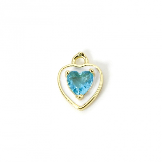 Picture of 2 PCs Eco-friendly Brass Valentine's Day Charms 18K Real Gold Plated White Heart Enamel Blue Rhinestone 12mm x 9mm