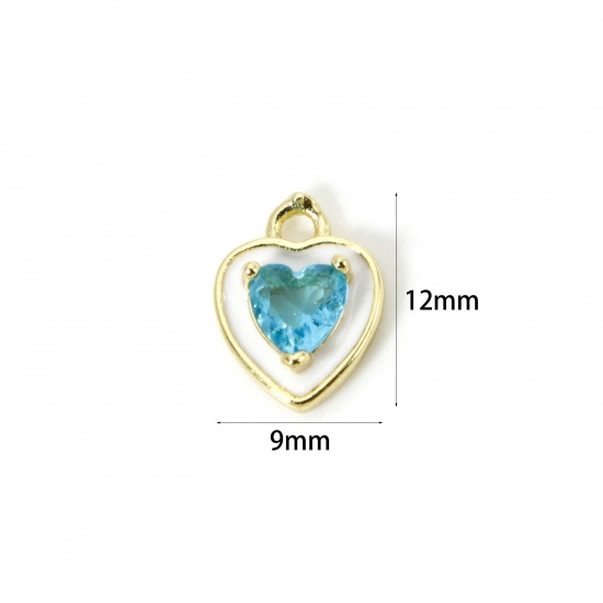 Picture of 2 PCs Eco-friendly Brass Valentine's Day Charms 18K Real Gold Plated White Heart Enamel Blue Rhinestone 12mm x 9mm