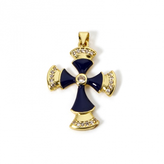 Imagen de 1 Unidad Respetuoso del Medio Ambiente Latón Religión Colgantes 18K Oro Real Chapado Negro Cruz Esmalte Claro Circón Artificial 3.6cm x 2.4cm