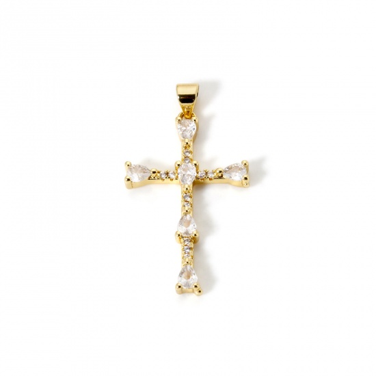 Immagine di 2 Pz Ecologico Ottone Religione Ciondoli Pendenti 18K Vero Oro Placcato Croce Trasparente Cubic Zirconiae 3.6cm x 2cm