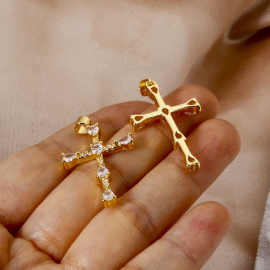 Immagine di 2 Pz Ecologico Ottone Religione Ciondoli Pendenti 18K Vero Oro Placcato Croce Trasparente Cubic Zirconiae 3.6cm x 2cm