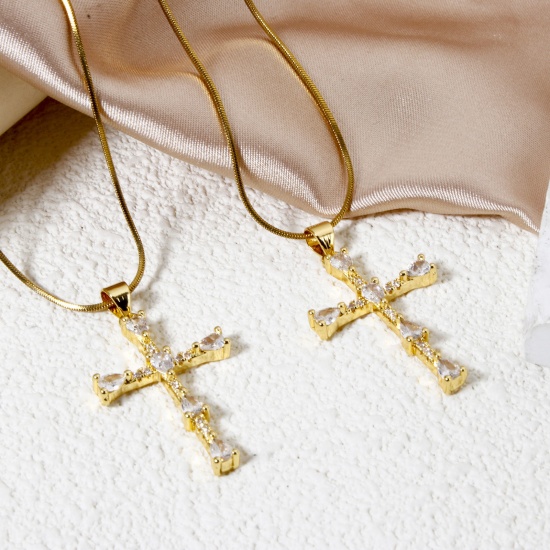 Immagine di 2 Pz Ecologico Ottone Religione Ciondoli Pendenti 18K Vero Oro Placcato Croce Trasparente Cubic Zirconiae 3.6cm x 2cm