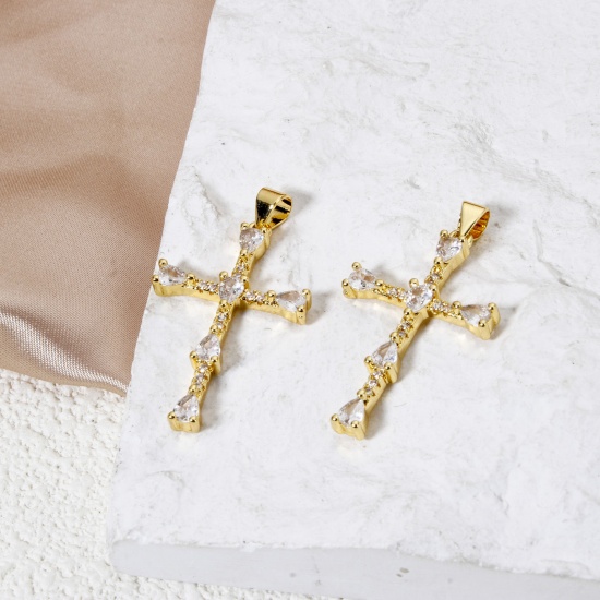 Immagine di 2 Pz Ecologico Ottone Religione Ciondoli Pendenti 18K Vero Oro Placcato Croce Trasparente Cubic Zirconiae 3.6cm x 2cm