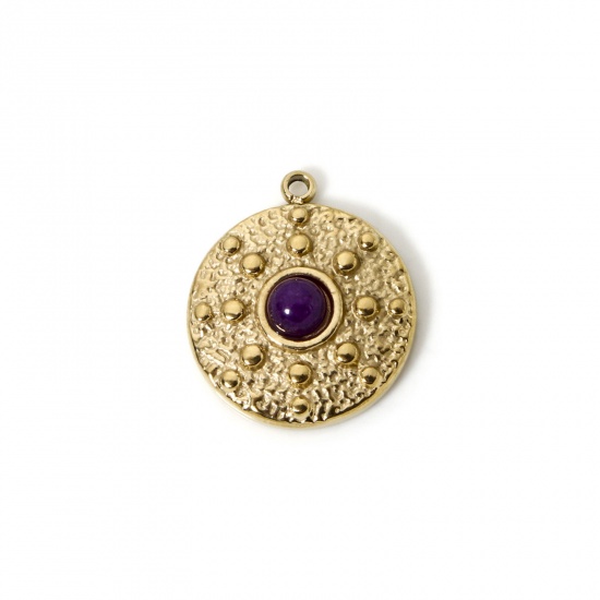 Image de 1 Pièce Breloques en 304 Acier Inoxydable Revêtement sous Vide PVD Respectueux de l'Environnement Disque Rond Plaqué Or Véritable 14K Prune Avec Cabochon de Gemme Synthétique 18mm x 15.5mm