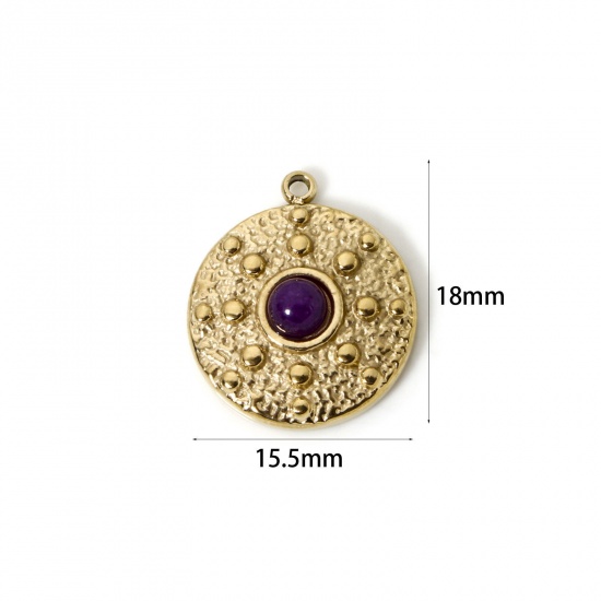 Image de 1 Pièce Breloques en 304 Acier Inoxydable Revêtement sous Vide PVD Respectueux de l'Environnement Disque Rond Plaqué Or Véritable 14K Prune Avec Cabochon de Gemme Synthétique 18mm x 15.5mm