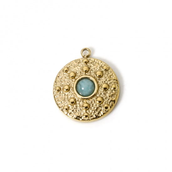 Image de 1 Pièce Breloques en 304 Acier Inoxydable Revêtement sous Vide PVD Respectueux de l'Environnement Disque Rond Plaqué Or Véritable 14K Vert Clair Avec Cabochon de Gemme Synthétique 18mm x 15.5mm