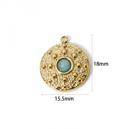 Image de 1 Pièce Breloques en 304 Acier Inoxydable Revêtement sous Vide PVD Respectueux de l'Environnement Disque Rond Plaqué Or Véritable 14K Vert Clair Avec Cabochon de Gemme Synthétique 18mm x 15.5mm