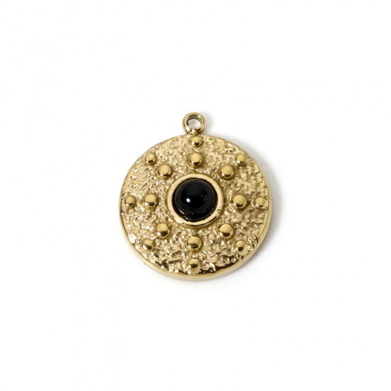 Image de 1 Pièce Breloques en 304 Acier Inoxydable Revêtement sous Vide PVD Respectueux de l'Environnement Disque Rond Plaqué Or Véritable 14K Noir Avec Cabochon de Gemme Synthétique 18mm x 15.5mm
