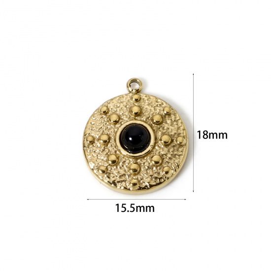 Image de 1 Pièce Breloques en 304 Acier Inoxydable Revêtement sous Vide PVD Respectueux de l'Environnement Disque Rond Plaqué Or Véritable 14K Noir Avec Cabochon de Gemme Synthétique 18mm x 15.5mm