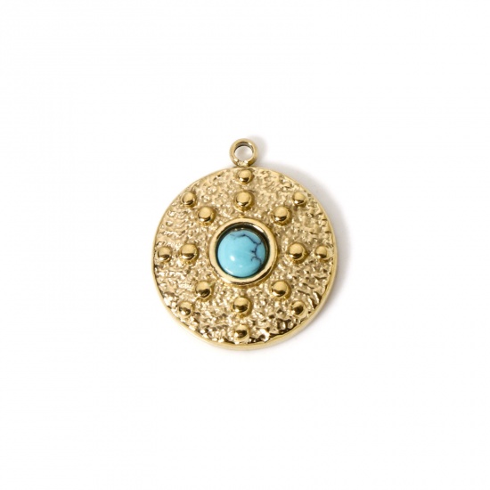 Image de 1 Pièce Breloques en 304 Acier Inoxydable Revêtement sous Vide PVD Respectueux de l'Environnement Disque Rond Plaqué Or Véritable 14K Bleu-Vert Avec Cabochon de Gemme Synthétique 18mm x 15.5mm