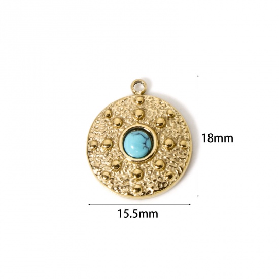 Image de 1 Pièce Breloques en 304 Acier Inoxydable Revêtement sous Vide PVD Respectueux de l'Environnement Disque Rond Plaqué Or Véritable 14K Bleu-Vert Avec Cabochon de Gemme Synthétique 18mm x 15.5mm