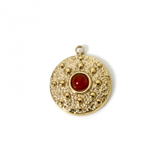 Image de 1 Pièce Breloques en 304 Acier Inoxydable Revêtement sous Vide PVD Respectueux de l'Environnement Disque Rond Plaqué Or Véritable 14K Roux Avec Cabochon de Gemme Synthétique 18mm x 15.5mm