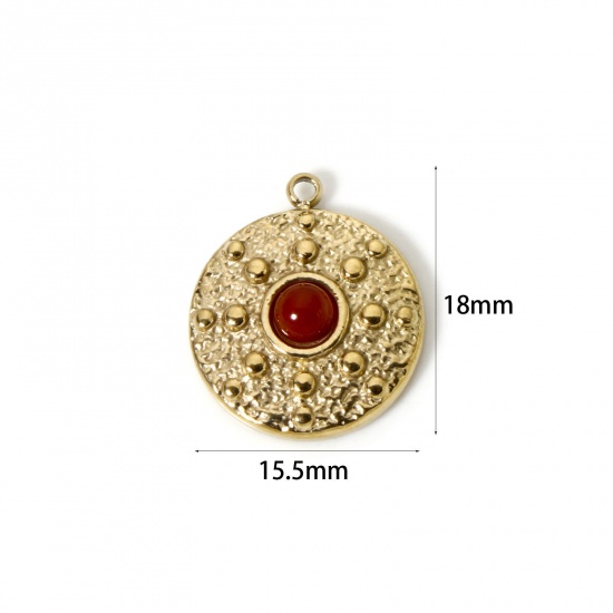 Image de 1 Pièce Breloques en 304 Acier Inoxydable Revêtement sous Vide PVD Respectueux de l'Environnement Disque Rond Plaqué Or Véritable 14K Roux Avec Cabochon de Gemme Synthétique 18mm x 15.5mm