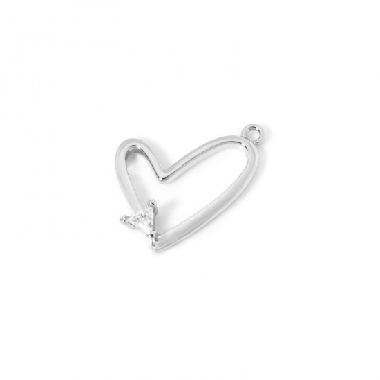 Image de 2 Pcs Breloques La Saint Valentin en Laiton Plaqué Platine Cœur Creux à Zircone Cubique Clair 19mm x 17mm