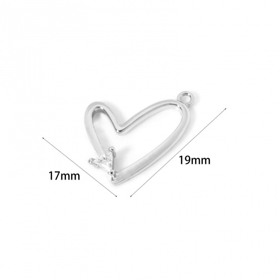 Image de 2 Pcs Breloques La Saint Valentin en Laiton Plaqué Platine Cœur Creux à Zircone Cubique Clair 19mm x 17mm