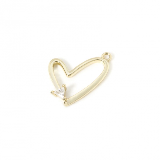 Image de 2 Pcs Breloques La Saint Valentin en Laiton Plaqué Or 18K Cœur Creux à Zircone Cubique Clair 19mm x 17mm