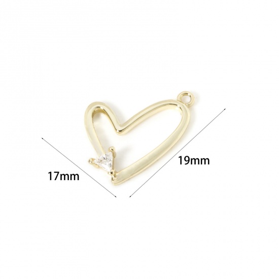 Image de 2 Pcs Breloques La Saint Valentin en Laiton Plaqué Or 18K Cœur Creux à Zircone Cubique Clair 19mm x 17mm