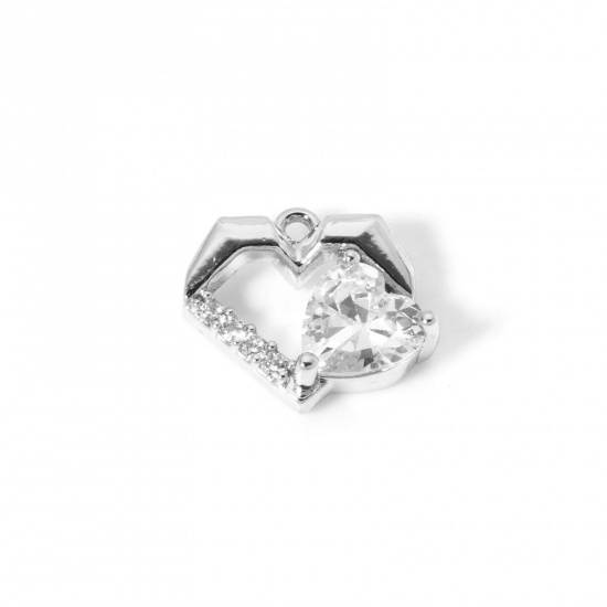 Image de 2 Pcs Breloques La Saint Valentin en Laiton Plaqué Platine Cœur Micro Pave à Zircone Cubique Clair 14.5mm x 12.5mm