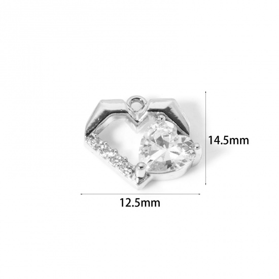 Image de 2 Pcs Breloques La Saint Valentin en Laiton Plaqué Platine Cœur Micro Pave à Zircone Cubique Clair 14.5mm x 12.5mm