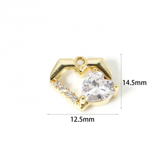 Image de 2 Pcs Breloques La Saint Valentin en Laiton Plaqué Or 18K Cœur Micro Pave à Zircone Cubique Clair 14.5mm x 12.5mm